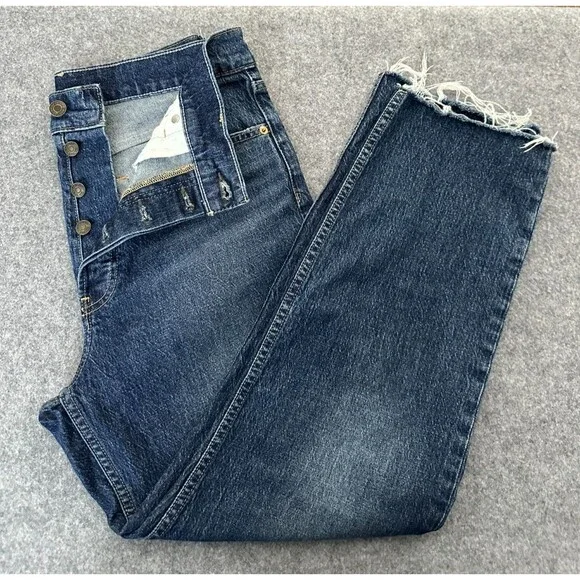 GAP Cheeky Straight High Rise Cropped Jeans 10R/31 Dark Wash Raw Hem Button Fly - Picture 1 of 13